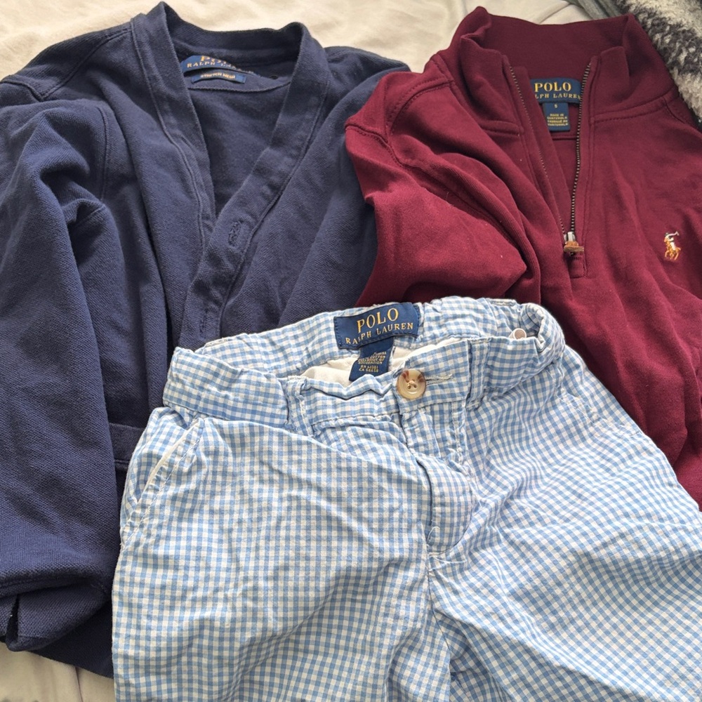 Polo by Ralph Lauren Light Blue Gingham Kids Shorts. Two sweaters. Size 5